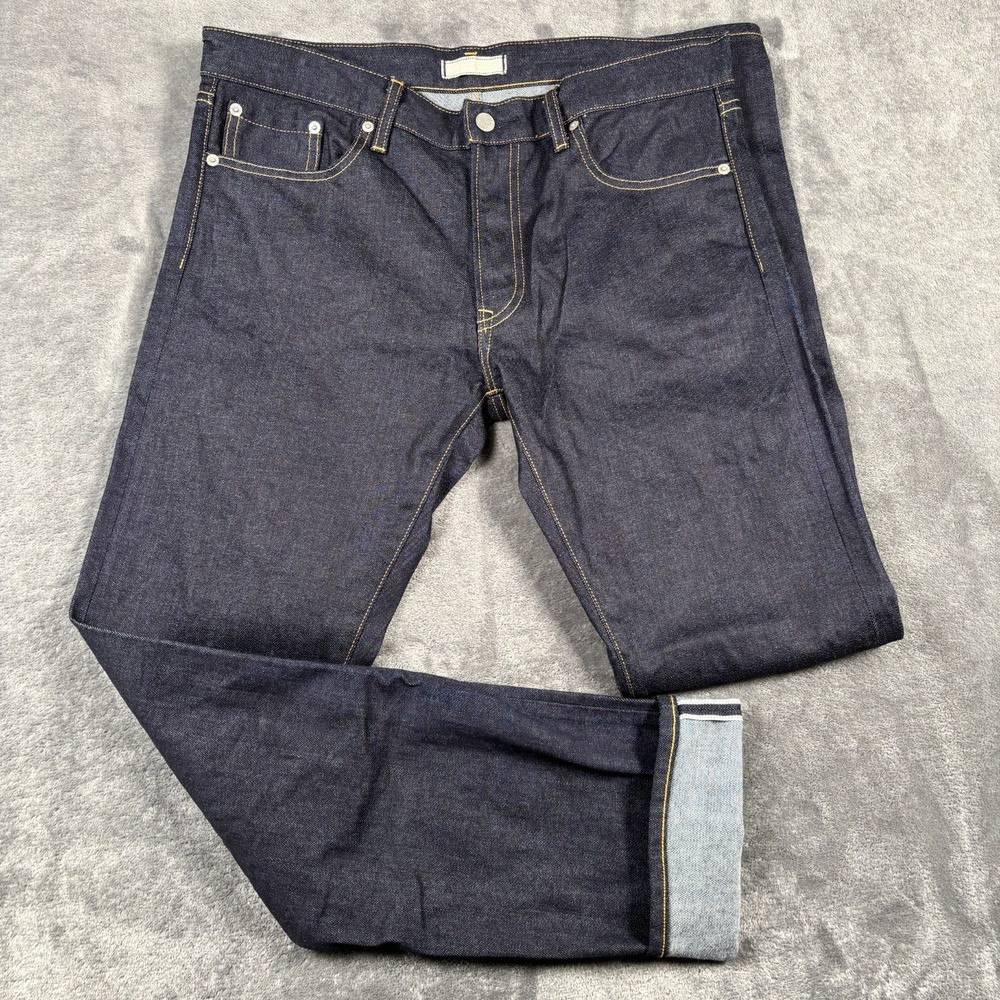 UNIQLO Selvedge Jeans Mens 34x33 Blue Raw Denim Slim Straight Low Rise Dark Wash